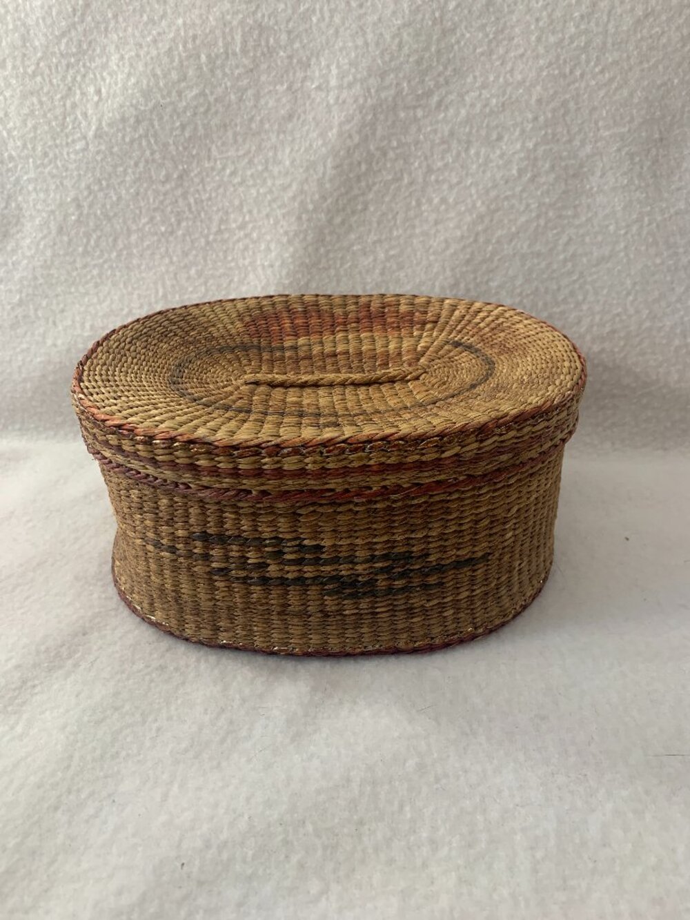 Vintage Hand Woven Native American Oval Lidded Basket Boho Multi-Color 7"